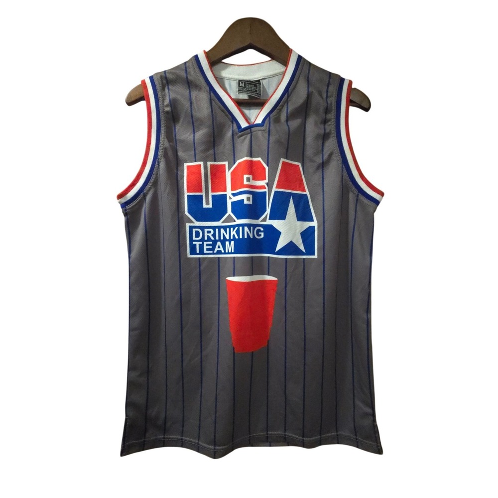 USA Drinking Team Jersey Grey Pinstripe Red Solo Cup Sleeveless Mens Medium